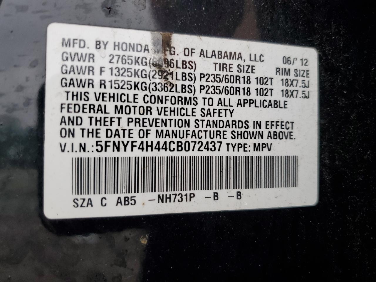 2012 Honda Pilot Ex VIN: 5FNYF4H44CB072437 Lot: 83838095