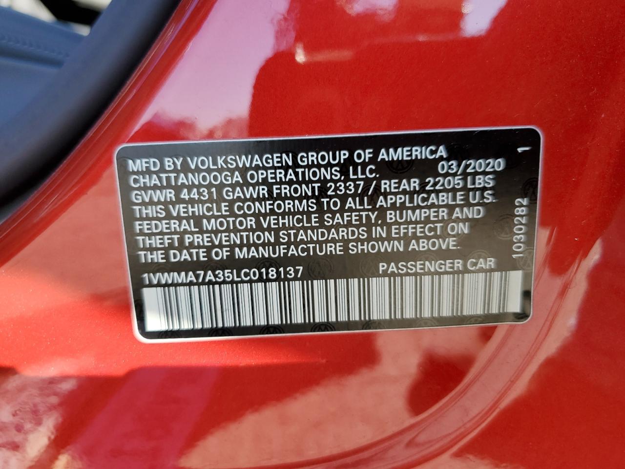 2020 Volkswagen Passat R-Line VIN: 1VWMA7A35LC018137 Lot: 80759005