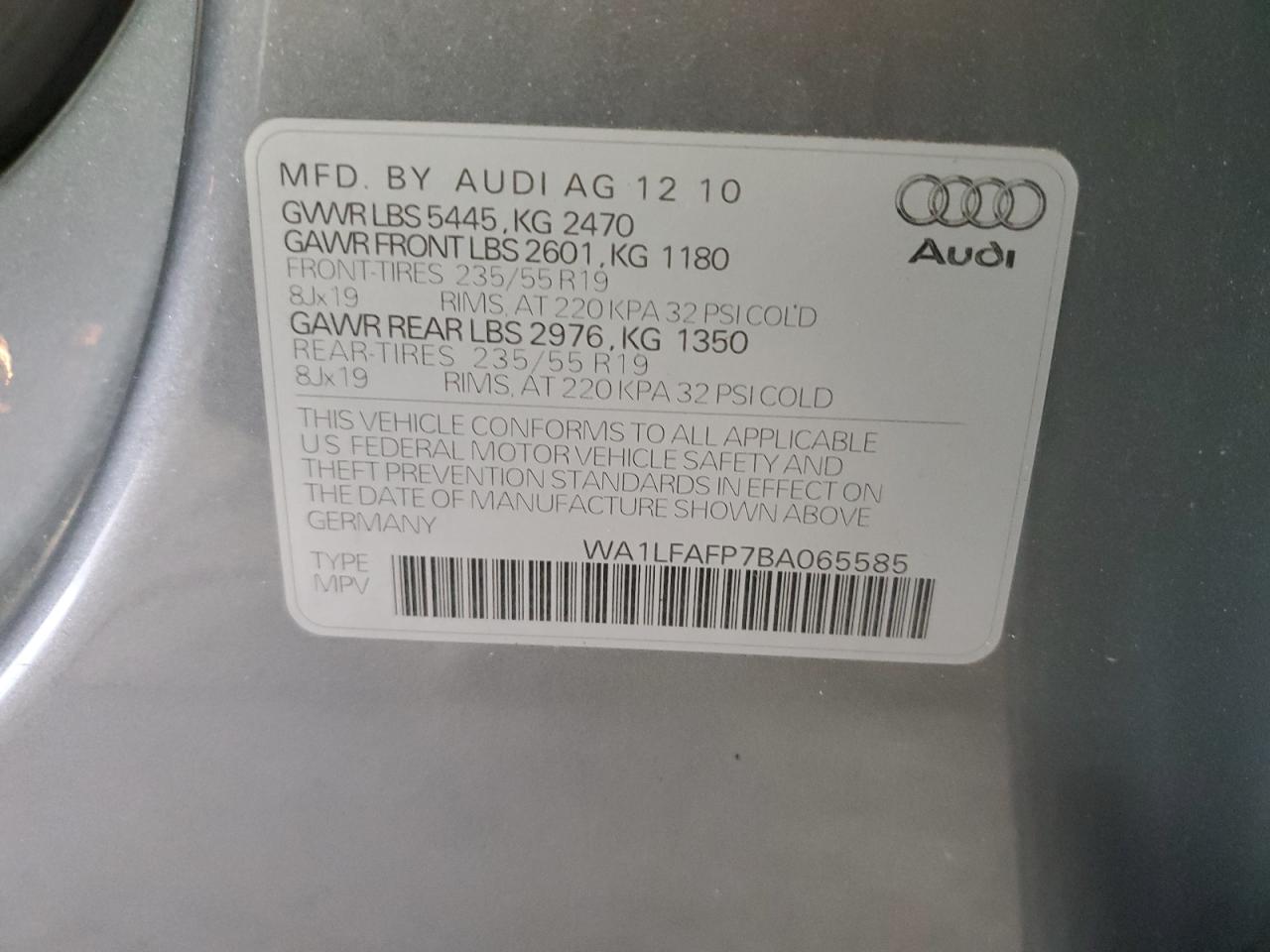 2011 Audi Q5 Premium Plus VIN: WA1LFAFP7BA065585 Lot: 81258495