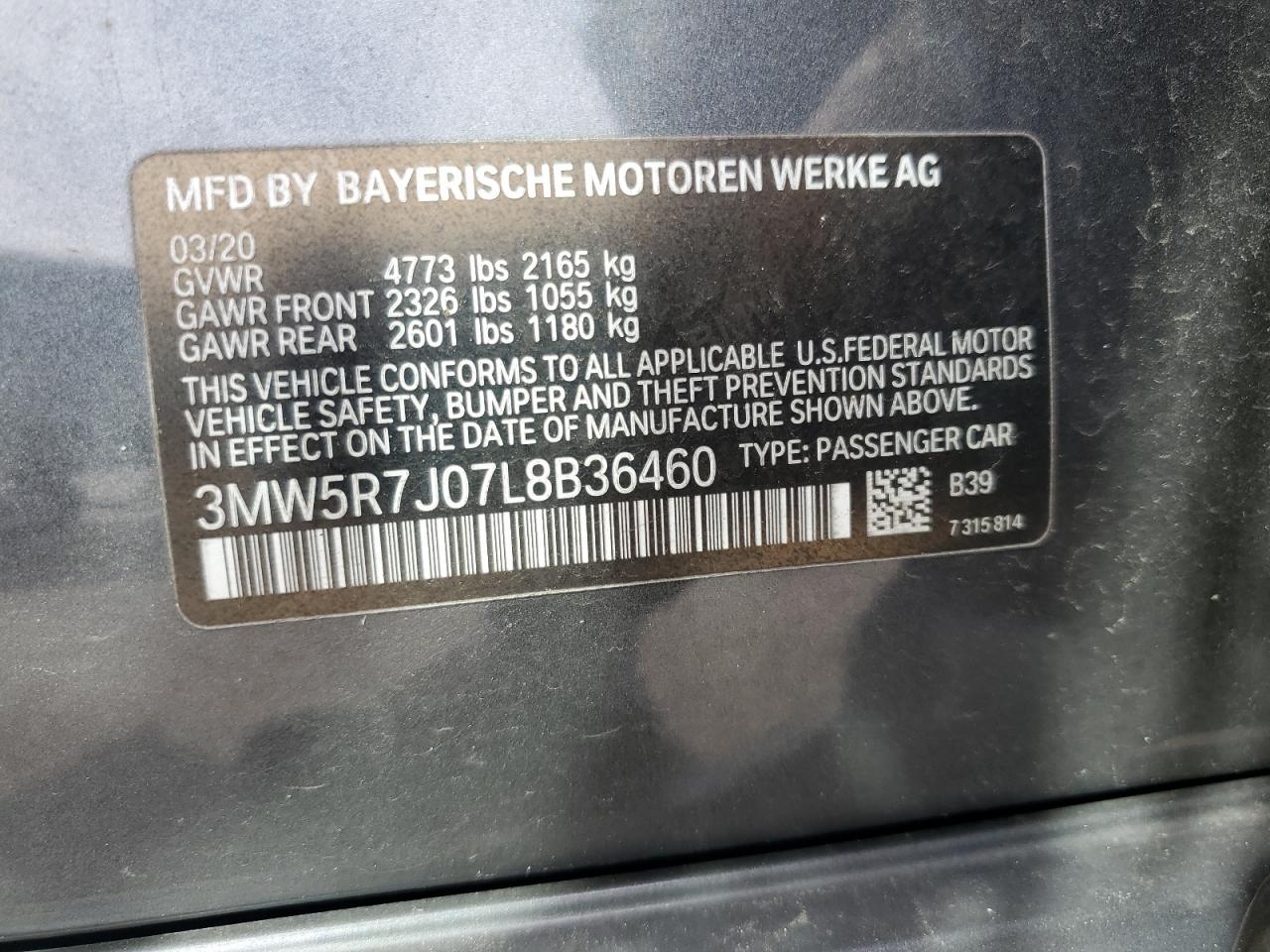 2020 BMW 330Xi VIN: 3MW5R7J07L8B36460 Lot: 71675735