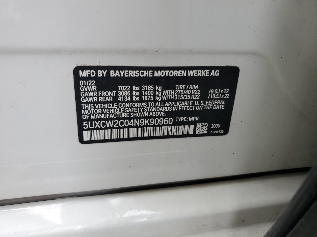 2022 BMW X7 xDrive40I VIN: 5UXCW2C04N9K90960 Lot: 84261305