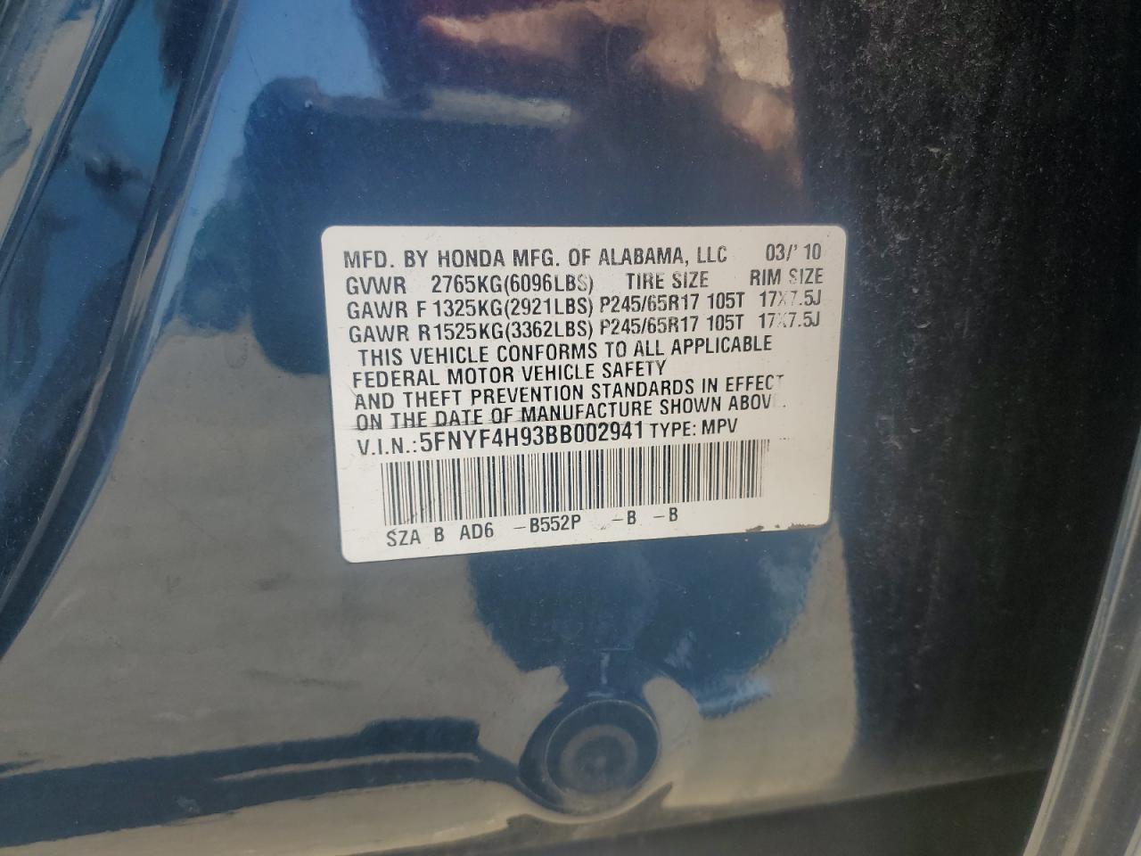 2011 Honda Pilot Touring VIN: 5FNYF4H93BB002941 Lot: 81478425