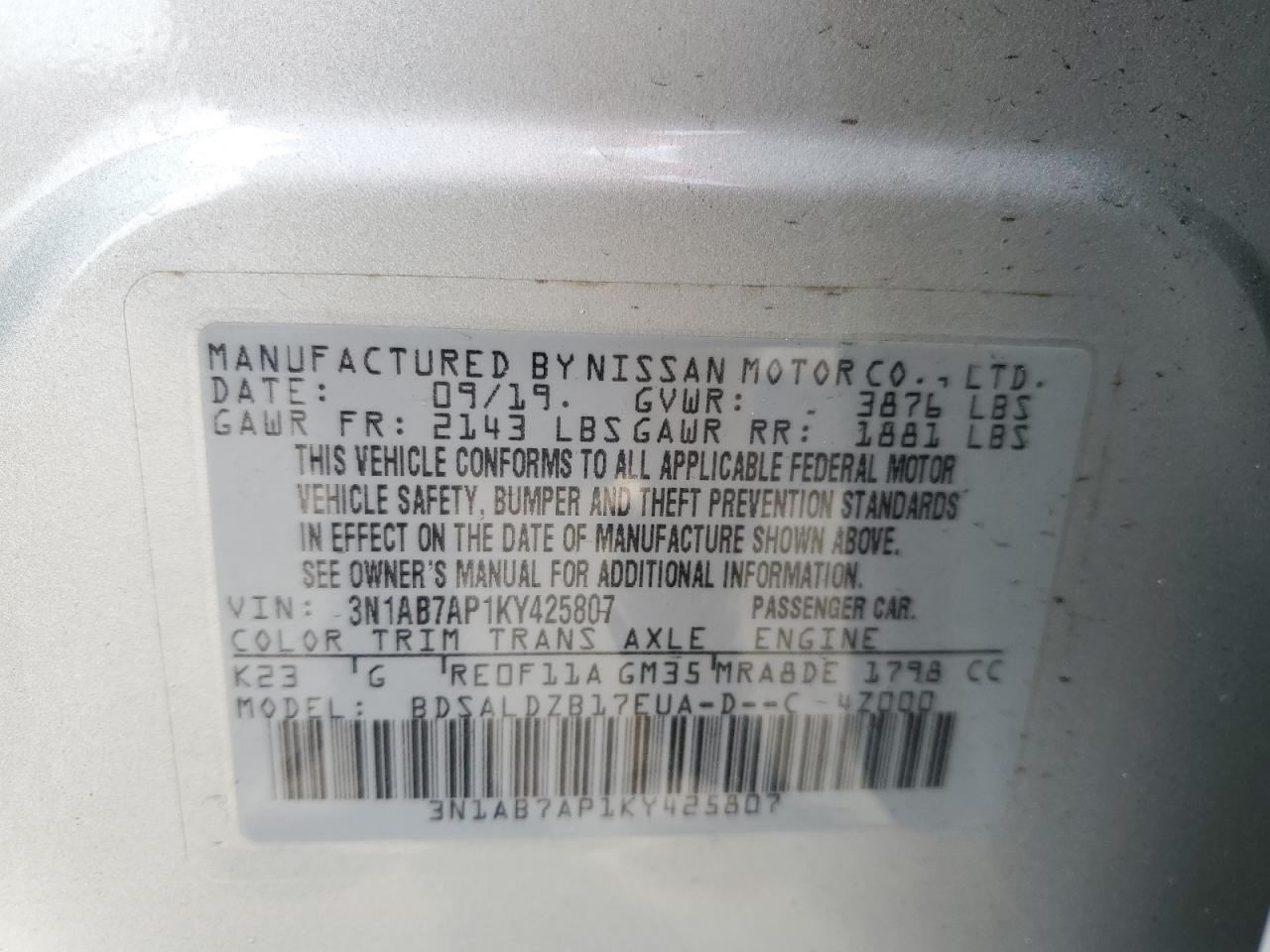 2019 Nissan Sentra VIN: 3N1AB7AP1KY425807 Lot: 80628455