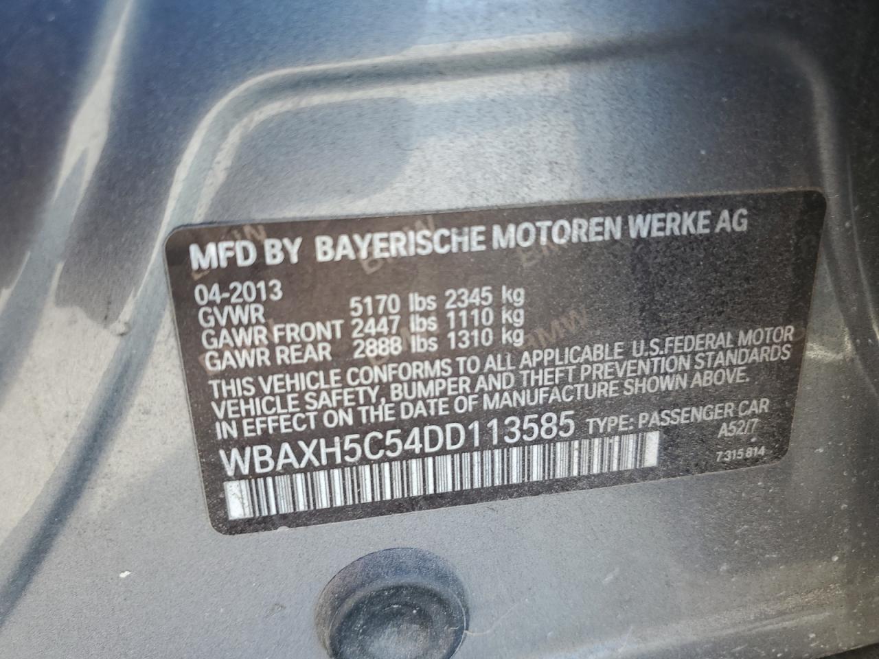 2013 BMW 528 Xi VIN: WBAXH5C54DD113585 Lot: 83835875