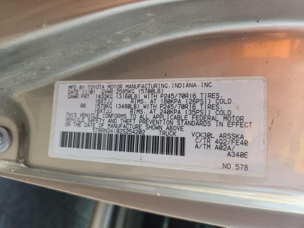 2002 Toyota Tundra Access Cab Sr5 VIN: 5TBRN34102S254202 Lot: 71814075