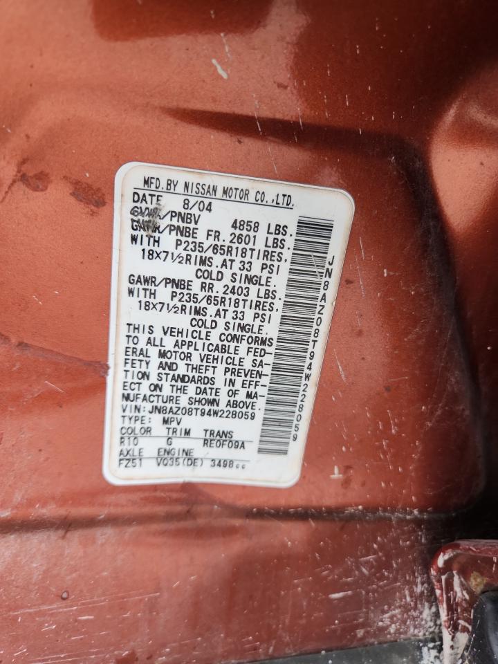 2004 Nissan Murano Sl VIN: JN8AZ08T94W228059 Lot: 82124535