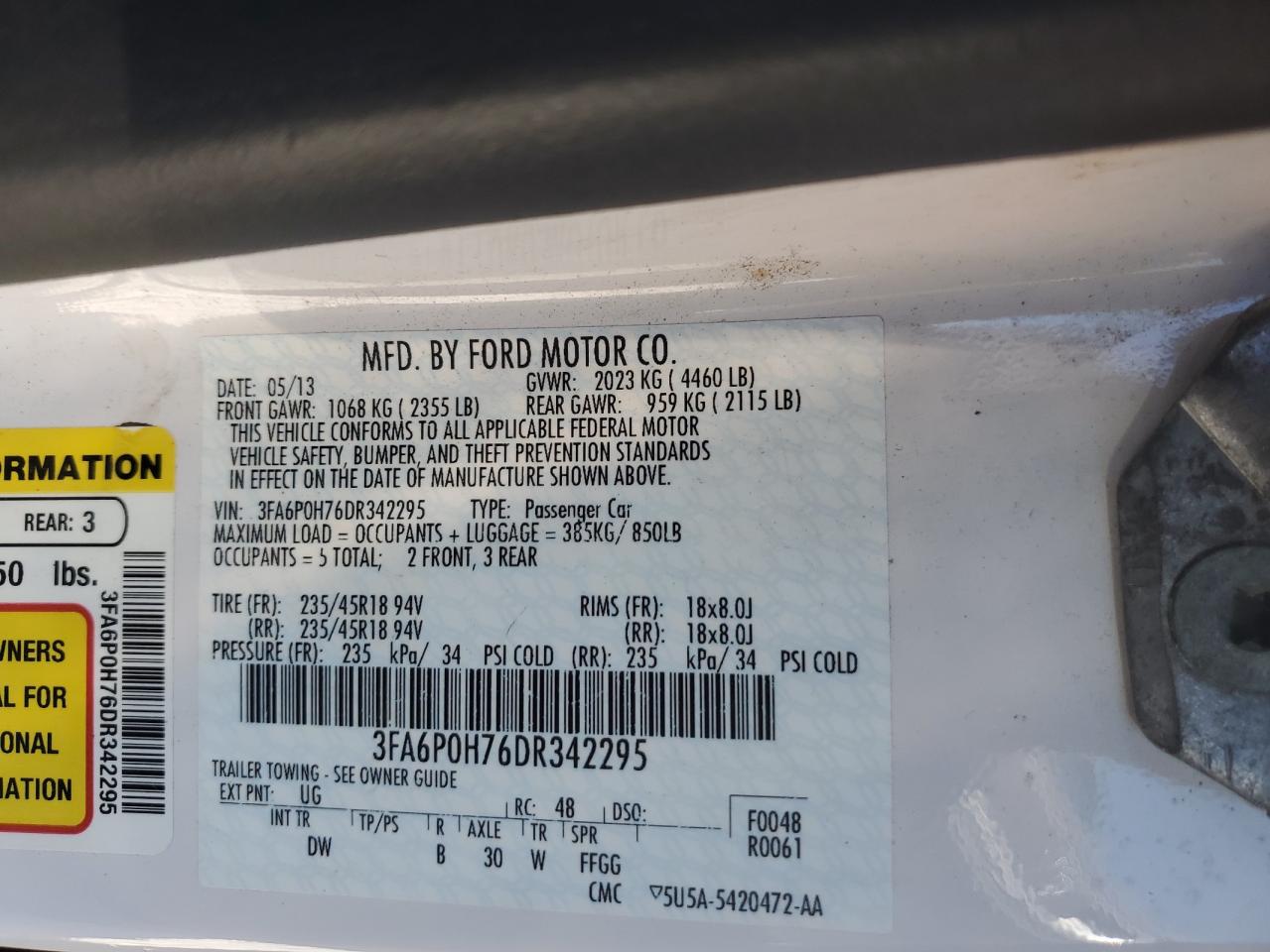 2013 Ford Fusion Se VIN: 3FA6P0H76DR342295 Lot: 83852575