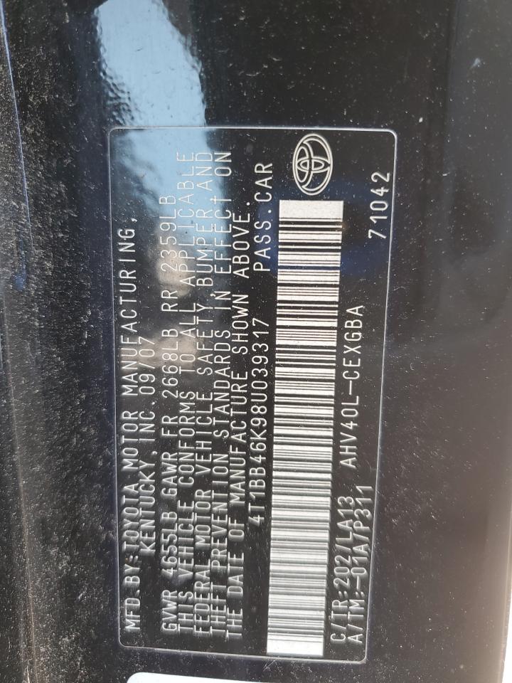 2008 Toyota Camry Hybrid VIN: 4T1BB46K98U039317 Lot: 82159625