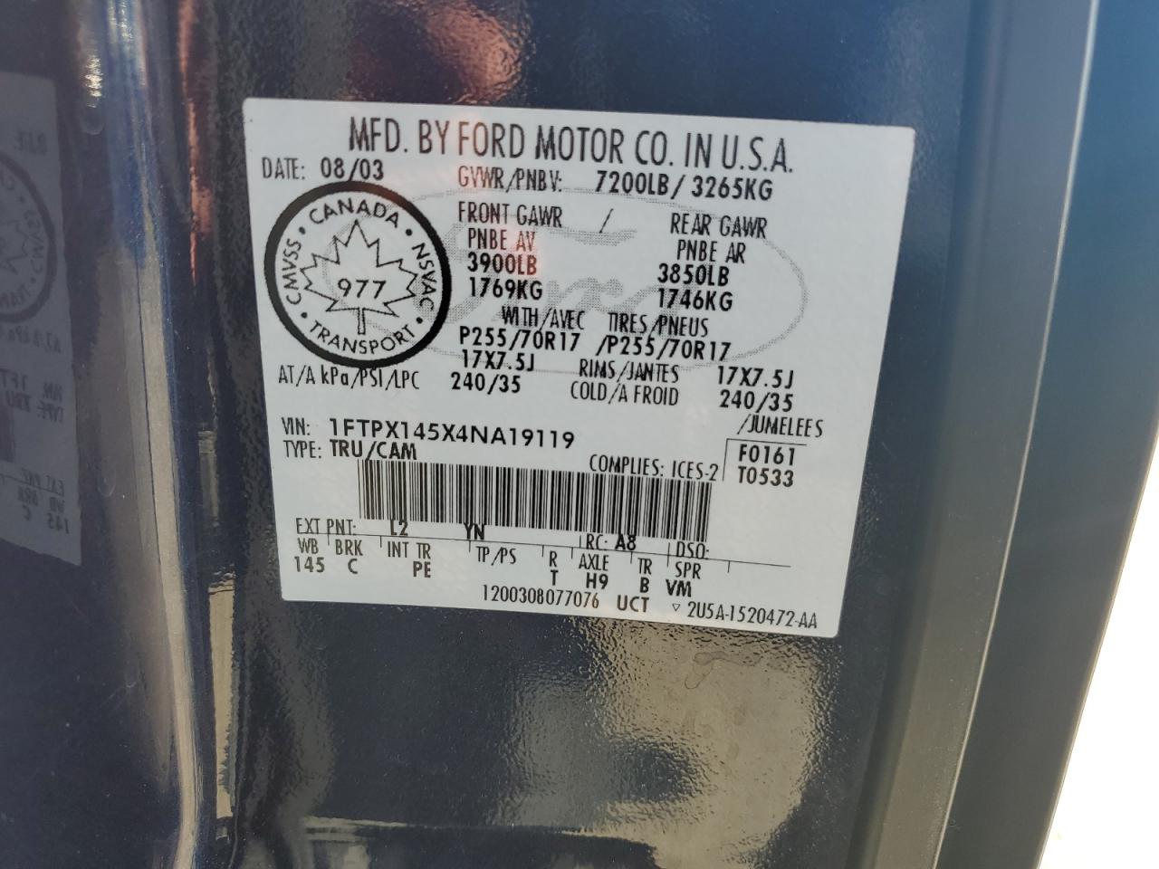 2004 Ford F150 VIN: 1FTPX145X4NA19119 Lot: 80413025