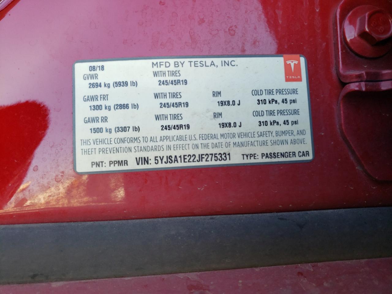 2018 Tesla Model S VIN: 5YJSA1E22JF275331 Lot: 80705595