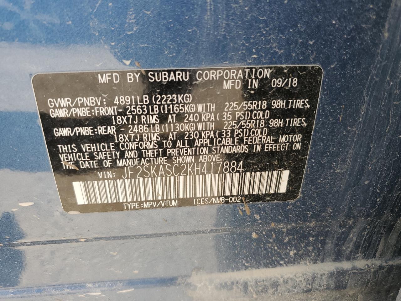 2019 Subaru Forester Limited VIN: JF2SKASC2KH417884 Lot: 71089635