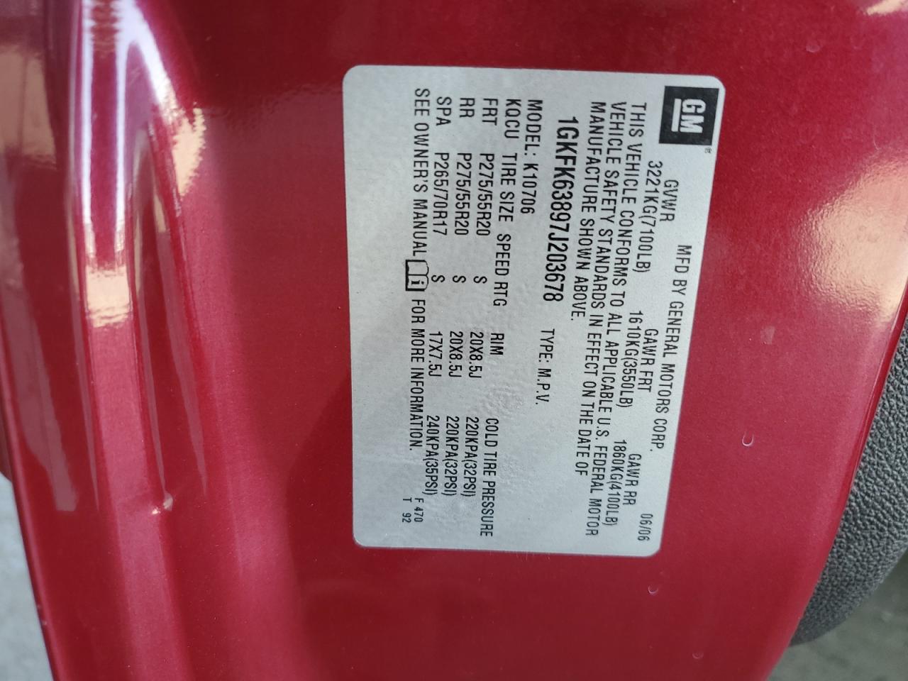 2007 GMC Yukon Denali VIN: 1GKFK63897J203678 Lot: 71360265