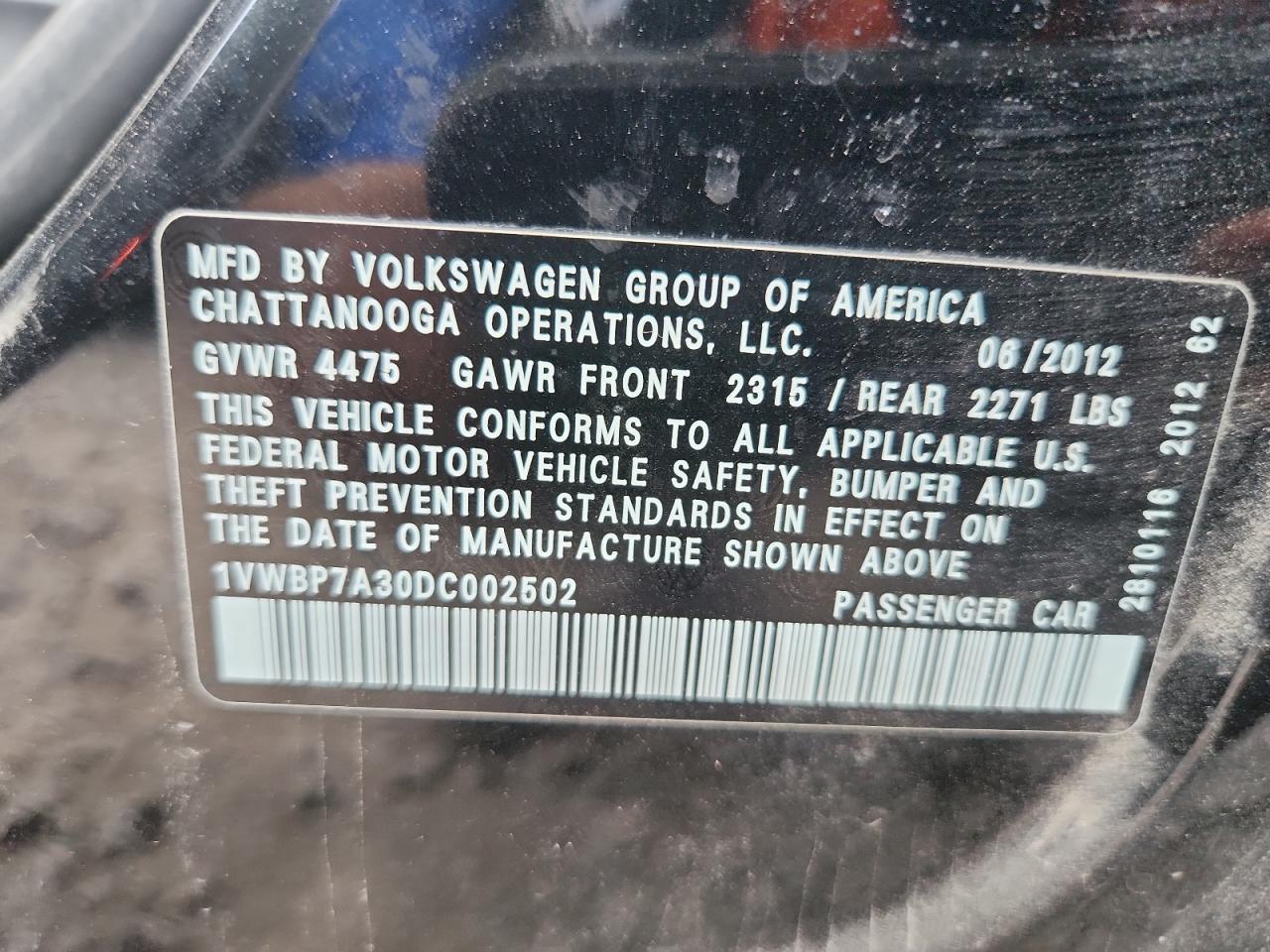 2013 Volkswagen Passat Se VIN: 1VWBP7A30DC002502 Lot: 80010245