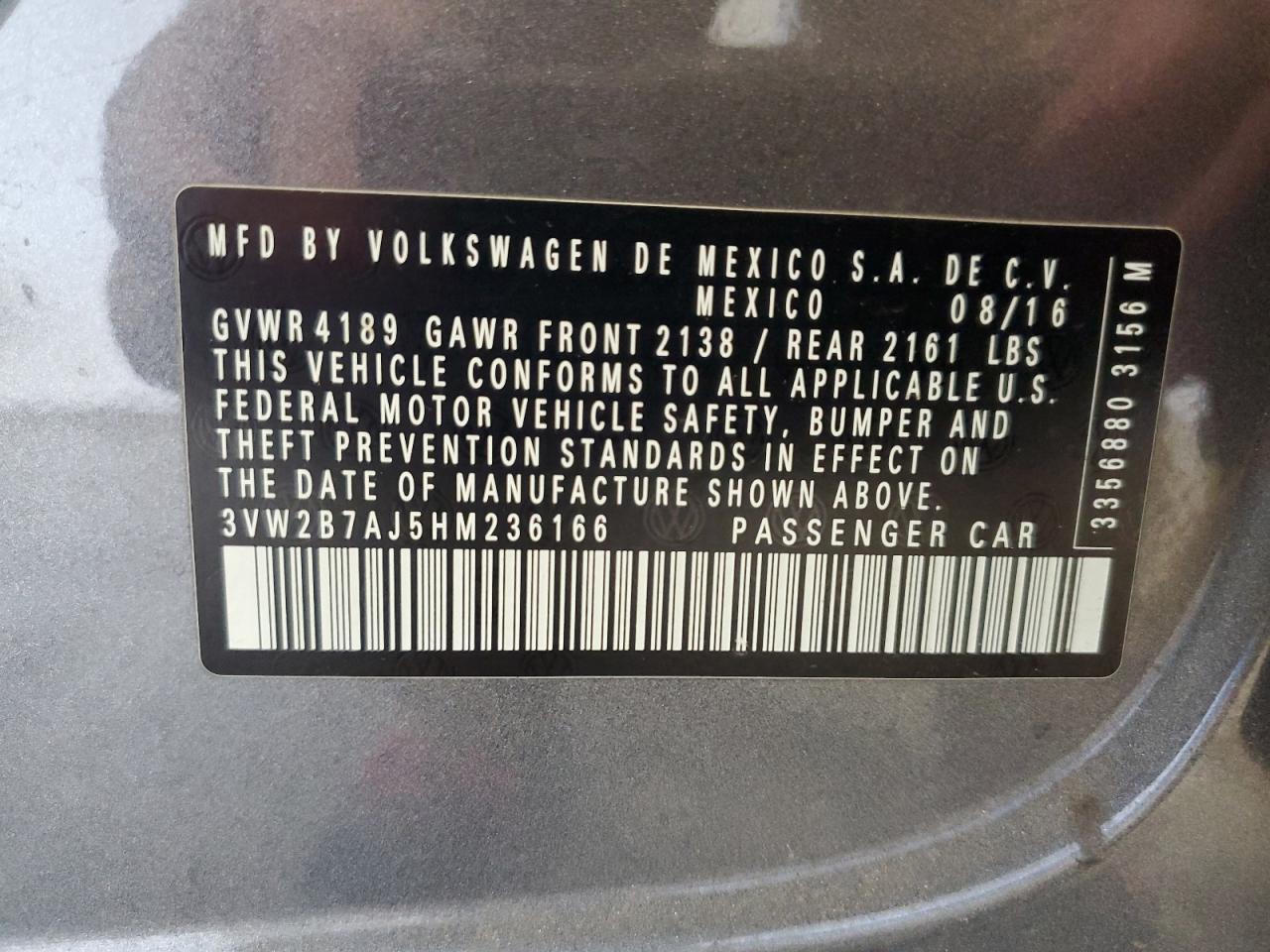 2017 Volkswagen Jetta S VIN: 3VW2B7AJ5HM236166 Lot: 84045785