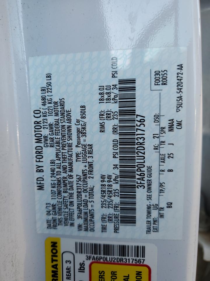 2013 Ford Fusion Se Hybrid VIN: 3FA6P0LU2DR317567 Lot: 80988515