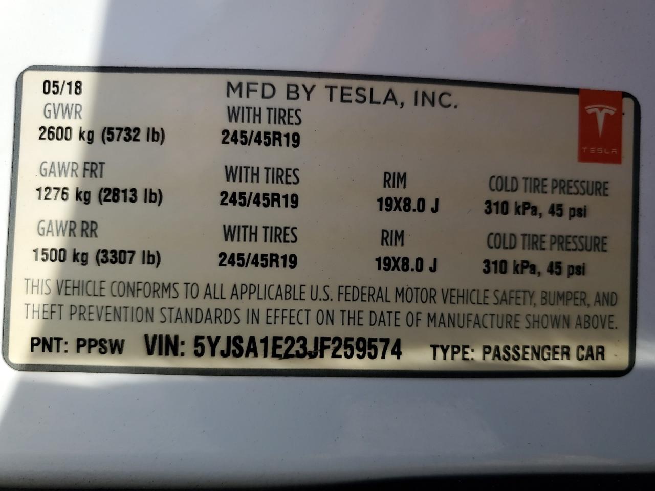 2018 Tesla Model S VIN: 5YJSA1E23JF259574 Lot: 83800895