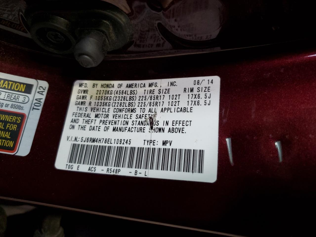 2014 Honda Cr-V Exl VIN: 5J6RM4H78EL109245 Lot: 84440945