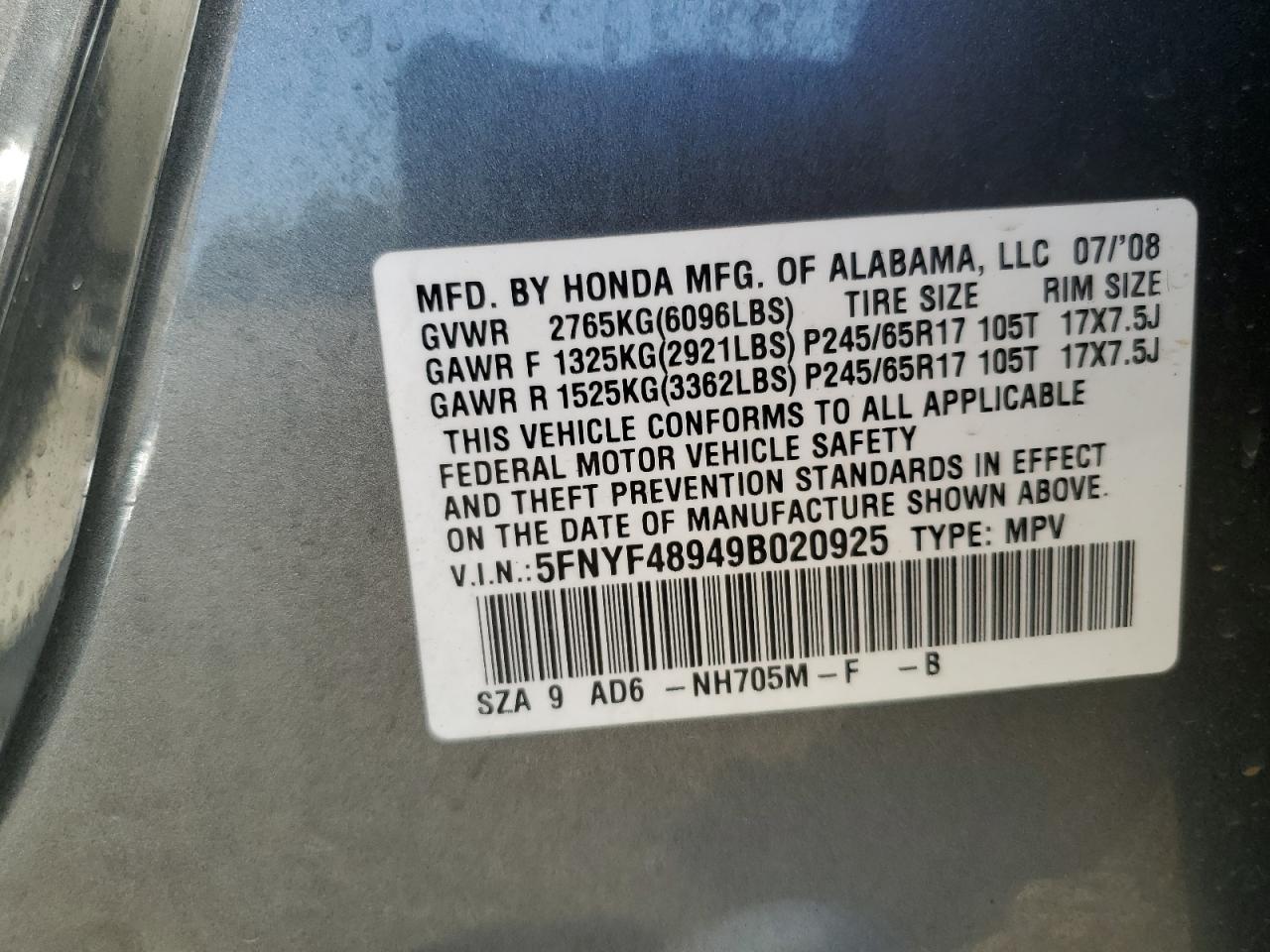 2009 Honda Pilot Touring VIN: 5FNYF48949B020925 Lot: 81950155