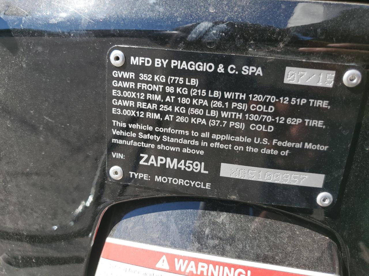 2016 Vespa Gts 300 Super VIN: ZAPM459LXG5100957 Lot: 71269235