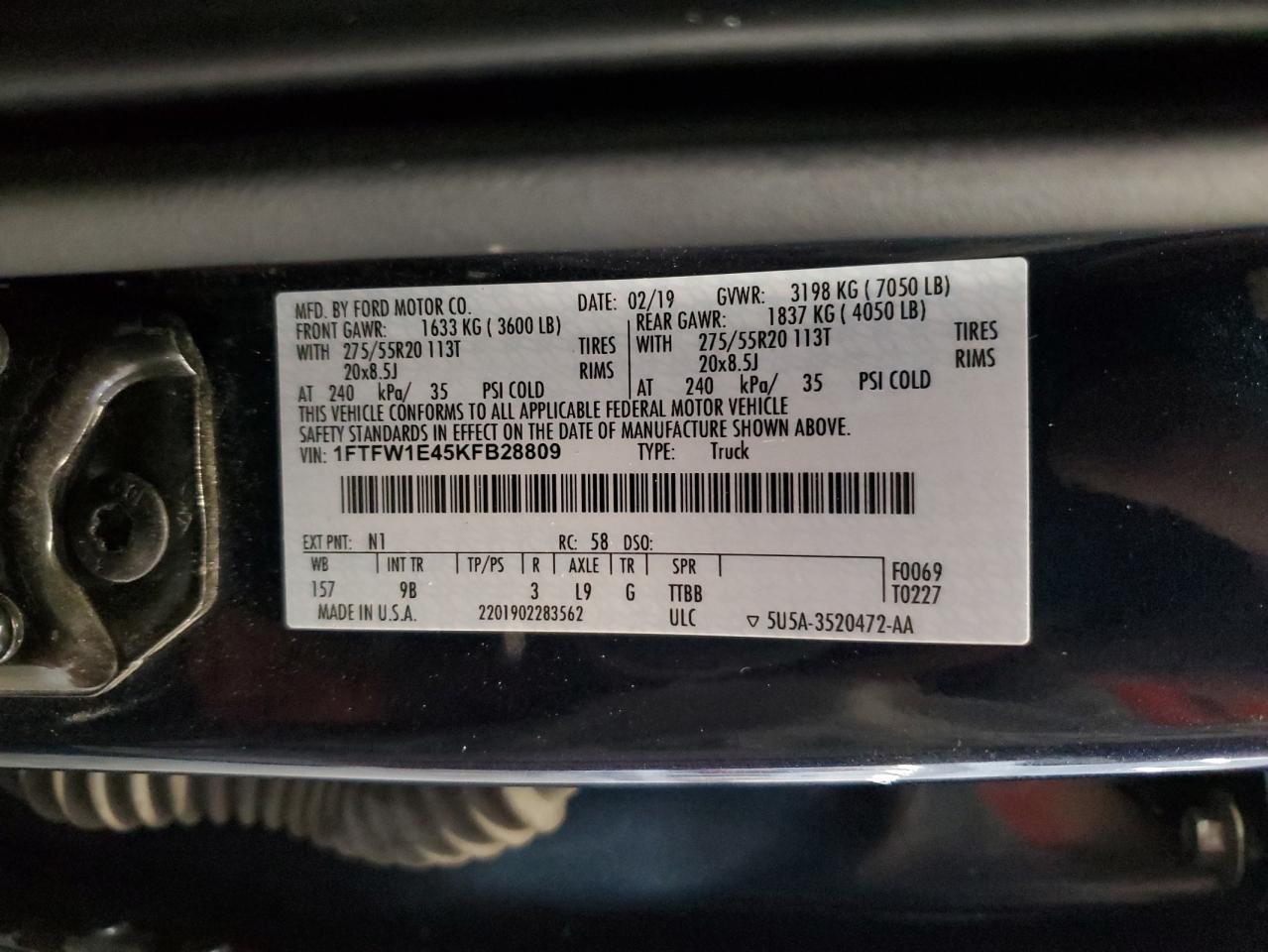 2019 Ford F150 Supercrew VIN: 1FTFW1E45KFB28809 Lot: 80252765