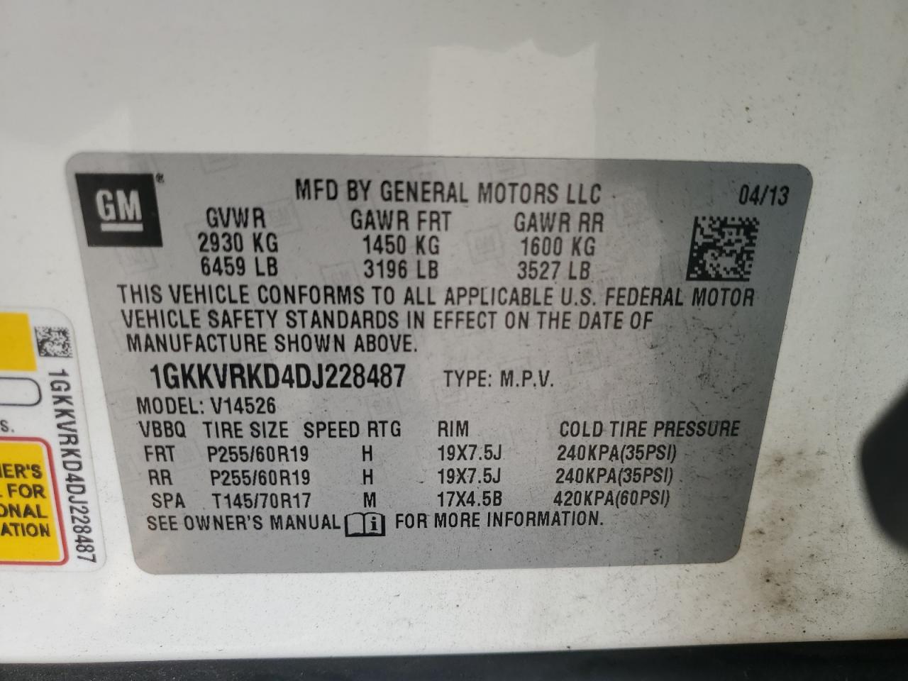 2013 GMC Acadia Slt-1 VIN: 1GKKVRKD4DJ228487 Lot: 94627165