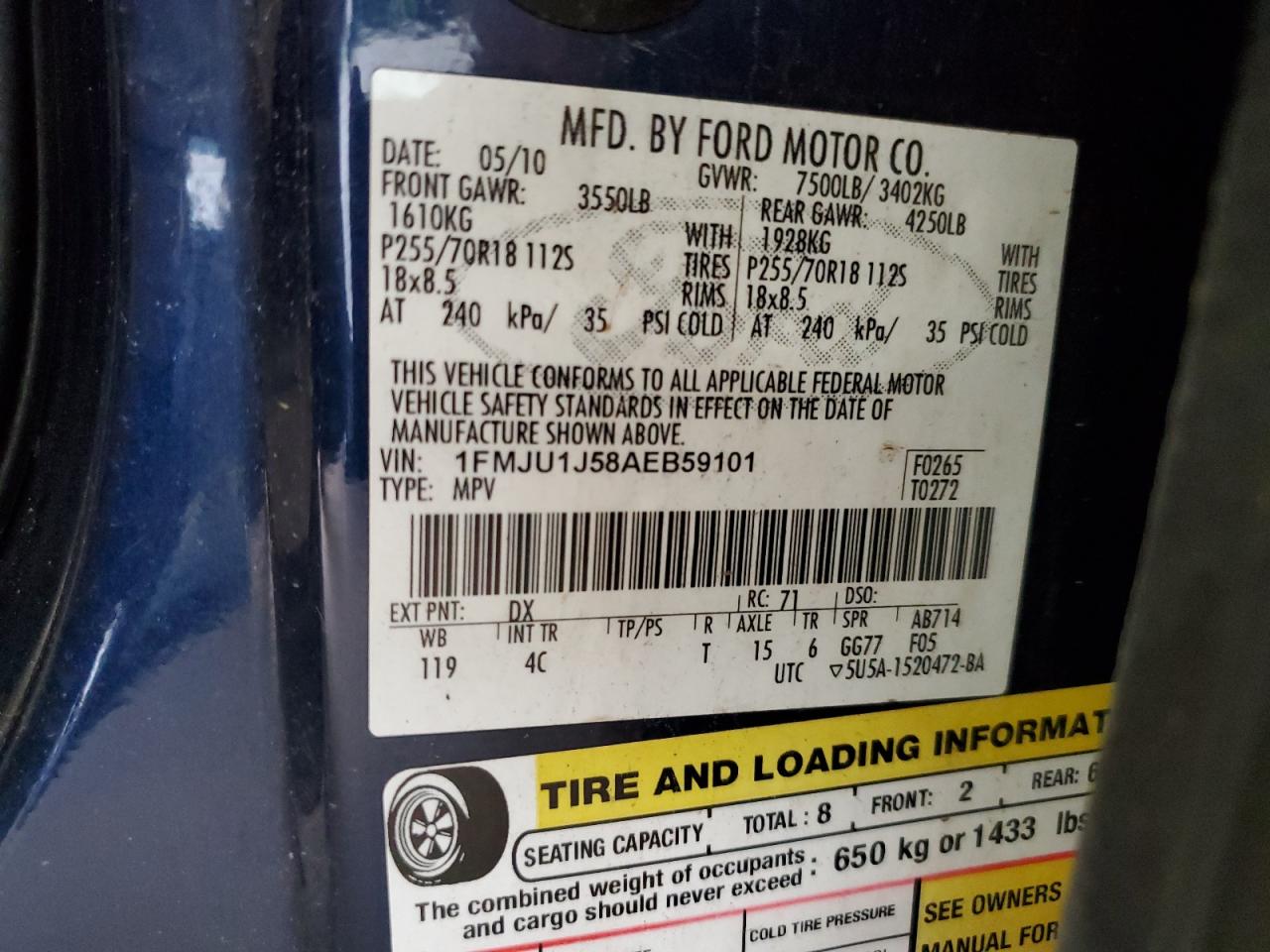 2010 Ford Expedition Eddie Bauer VIN: 1FMJU1J58AEB59101 Lot: 71987515