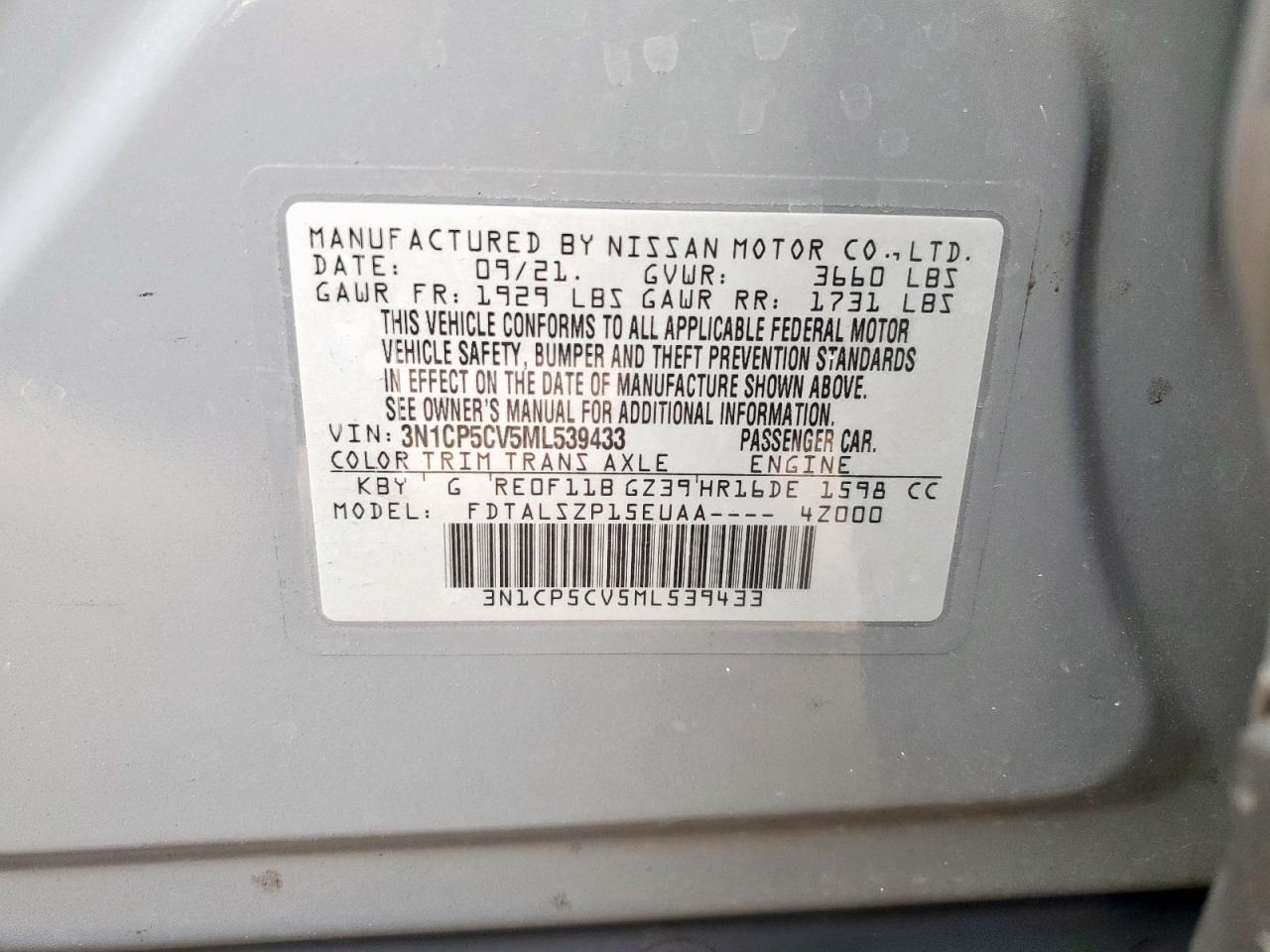 2021 Nissan Kicks Sv VIN: 3N1CP5CV5ML539433 Lot: 81769295
