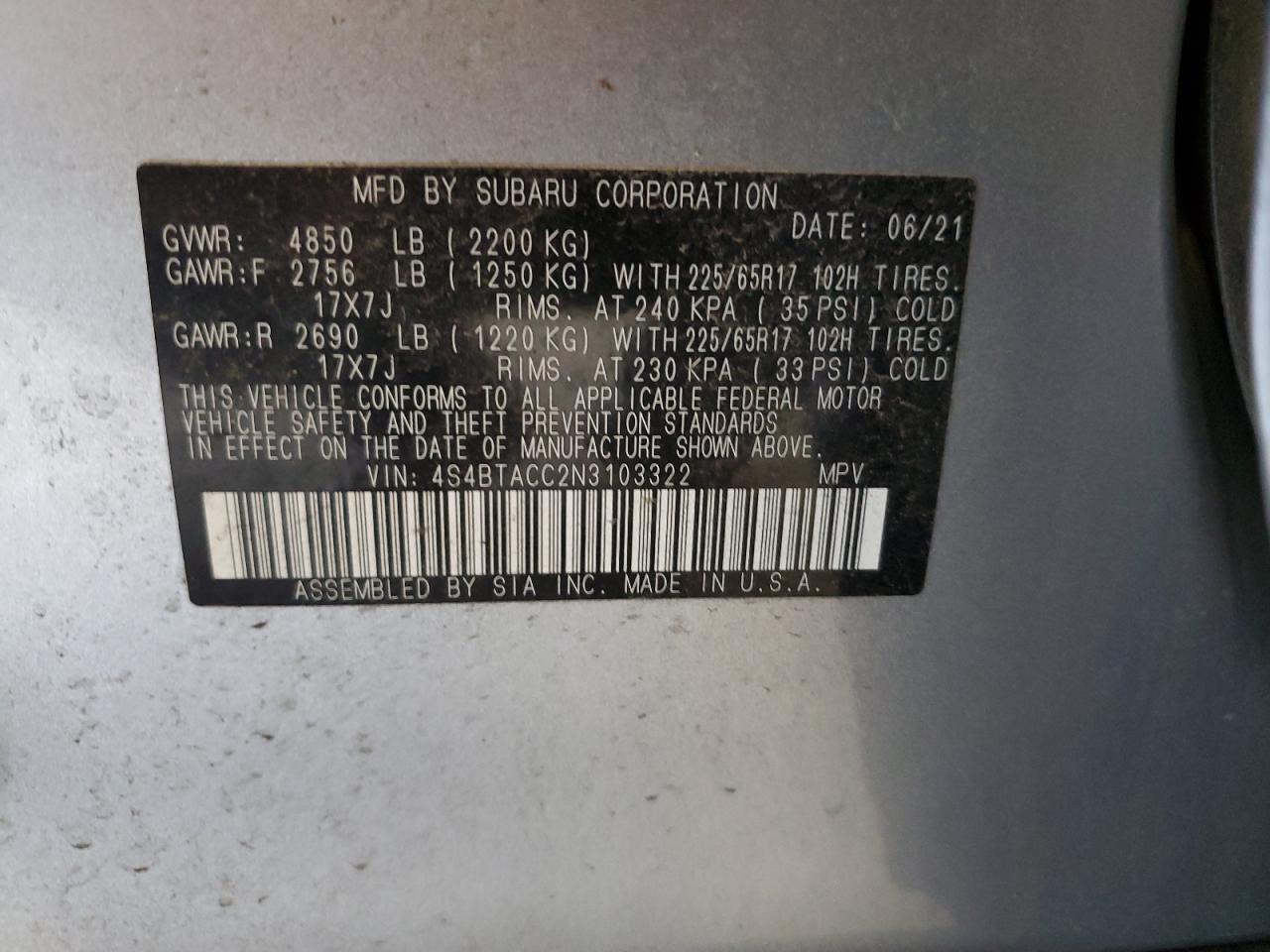 2022 Subaru Outback Premium VIN: 4S4BTACC2N3103322 Lot: 80634055
