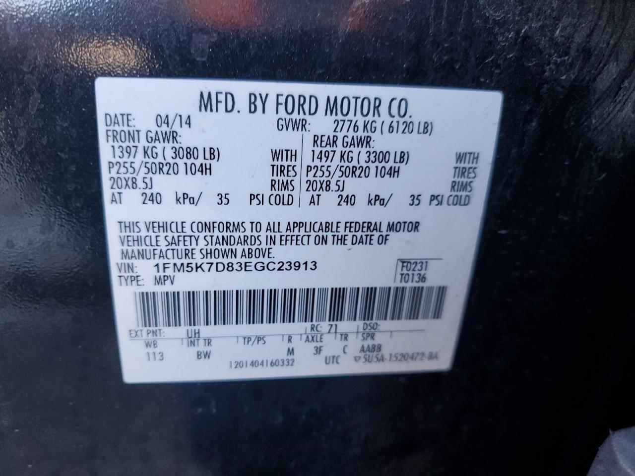 2014 Ford Explorer Xlt VIN: 1FM5K7D83EGC23913 Lot: 71922595