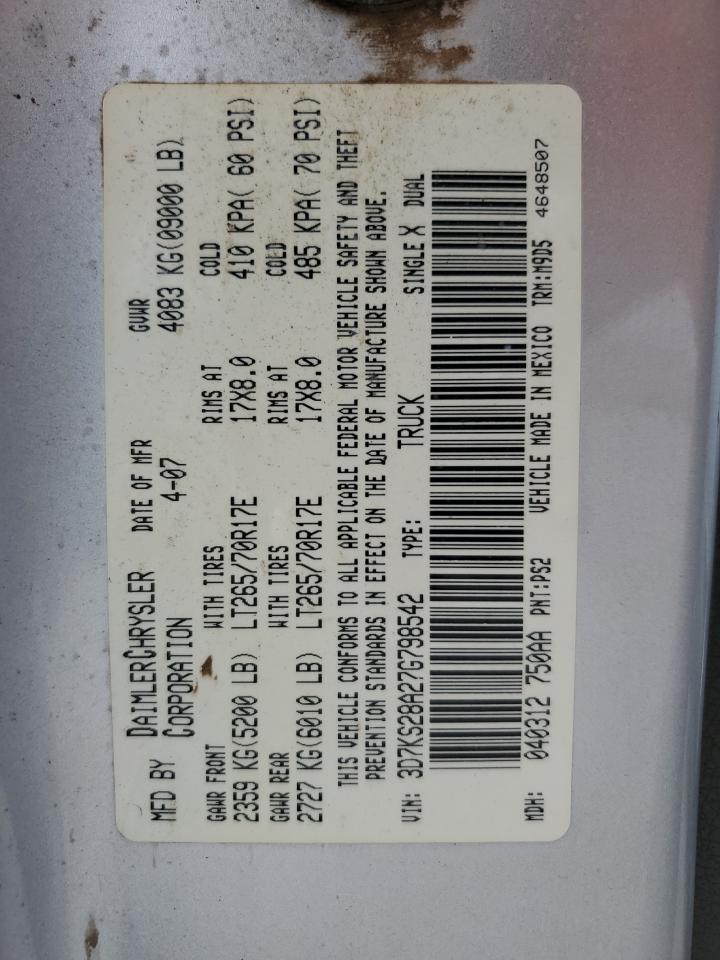 2007 Dodge Ram 2500 St VIN: 3D7KS28A27G798542 Lot: 81600525