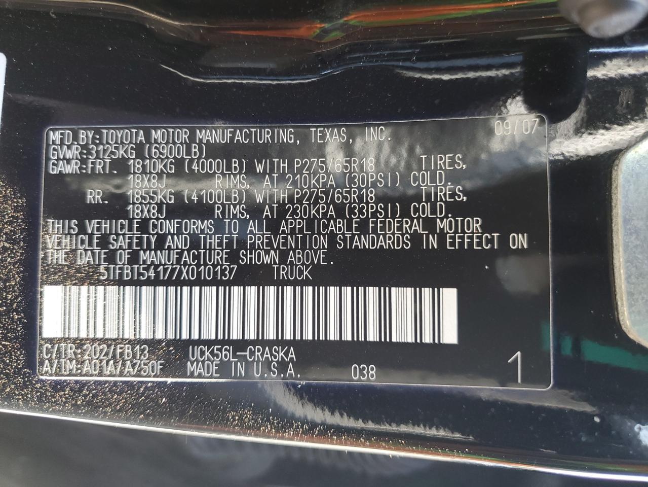 2007 Toyota Tundra Double Cab Sr5 VIN: 5TFBT54177X010137 Lot: 70982585