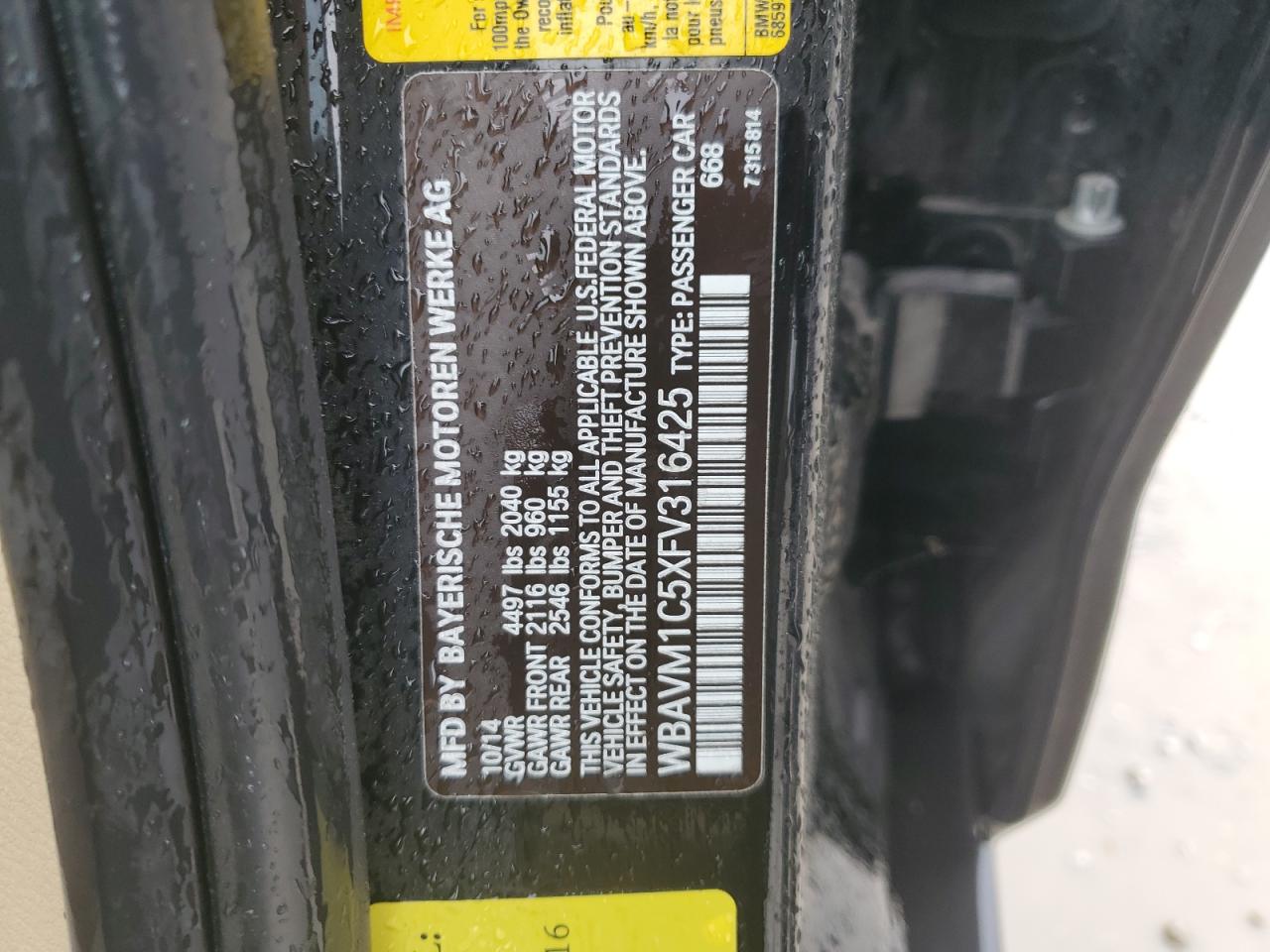 2015 BMW X1 Sdrive28I VIN: WBAVM1C5XFV316425 Lot: 71821985