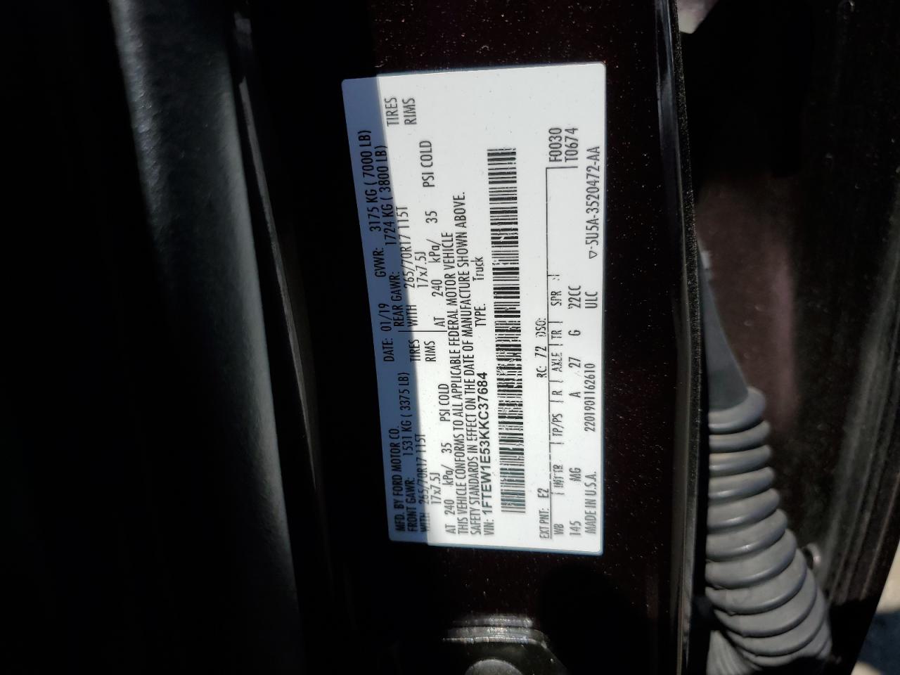 2019 Ford F150 Supercrew VIN: 1FTEW1E53KKC37684 Lot: 71285575