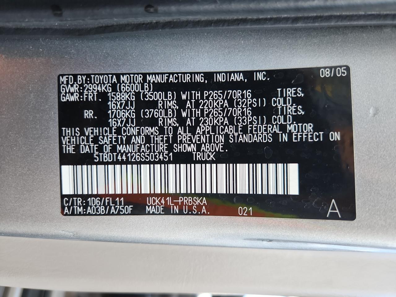 2006 Toyota Tundra Double Cab Sr5 VIN: 5TBDT44126S503451 Lot: 80157545