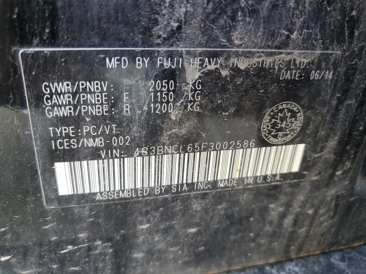 2015 Subaru Legacy 2.5I Limited VIN: 4S3BNCL65F3002586 Lot: 71278155