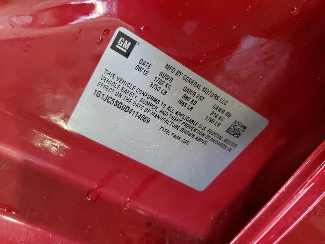 2013 Chevrolet Sonic Lt VIN: 1G1JC5SG9D4114069 Lot: 83811615