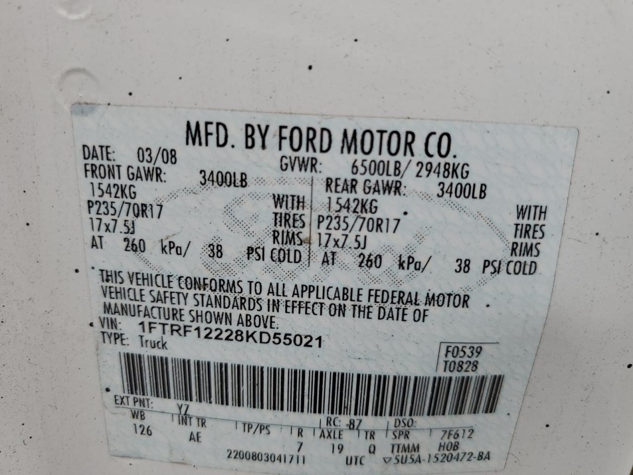 2008 Ford F150 VIN: 1FTRF12228KD55021 Lot: 80763835