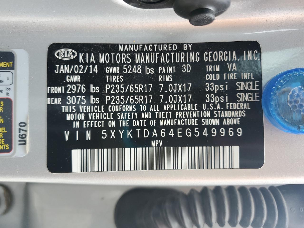 2014 Kia Sorento Lx VIN: 5XYKTDA64EG549969 Lot: 84160835