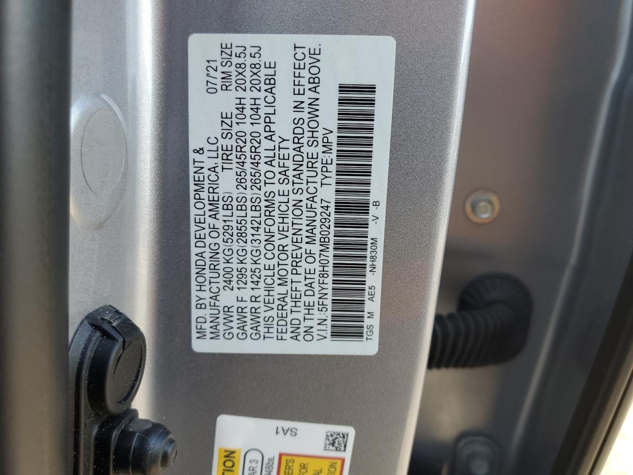 2021 Honda Passport Elite VIN: 5FNYF8H07MB029247 Lot: 71735125