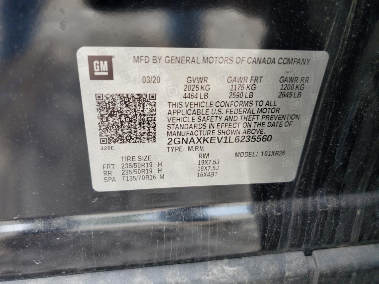 2020 Chevrolet Equinox Lt VIN: 2GNAXKEV1L6235560 Lot: 71205935