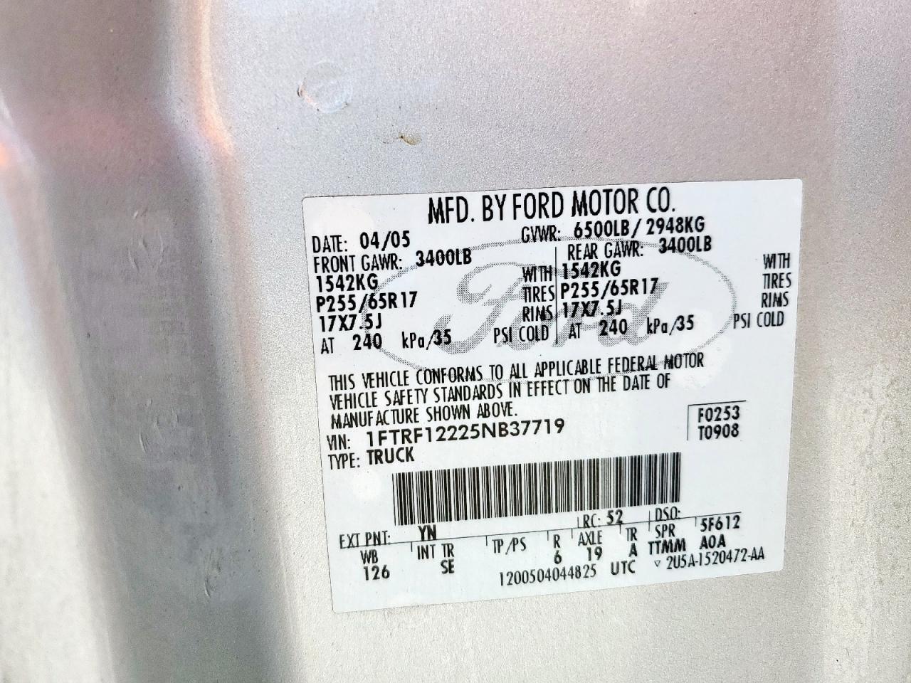 2005 Ford F150 VIN: 1FTRF12225NB37719 Lot: 81027665