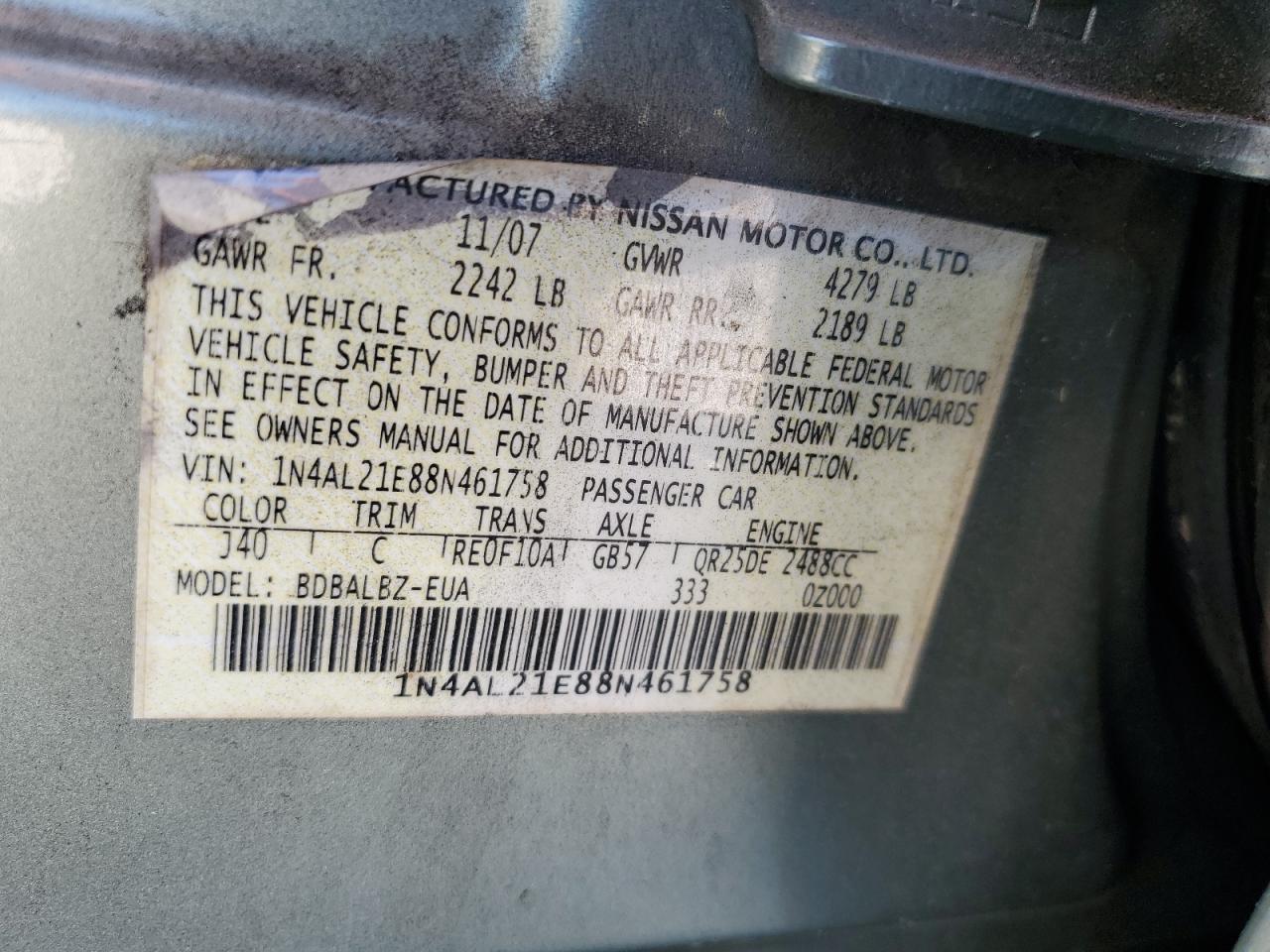 2008 Nissan Altima 2.5 VIN: 1N4AL21E88N461758 Lot: 80226925