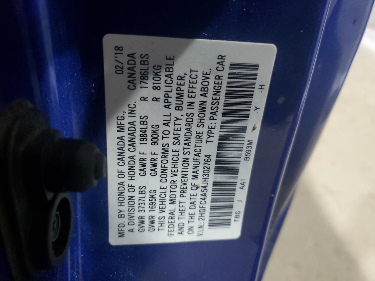 2018 Honda Civic Lx VIN: 2HGFC4A54JH302764 Lot: 72067225