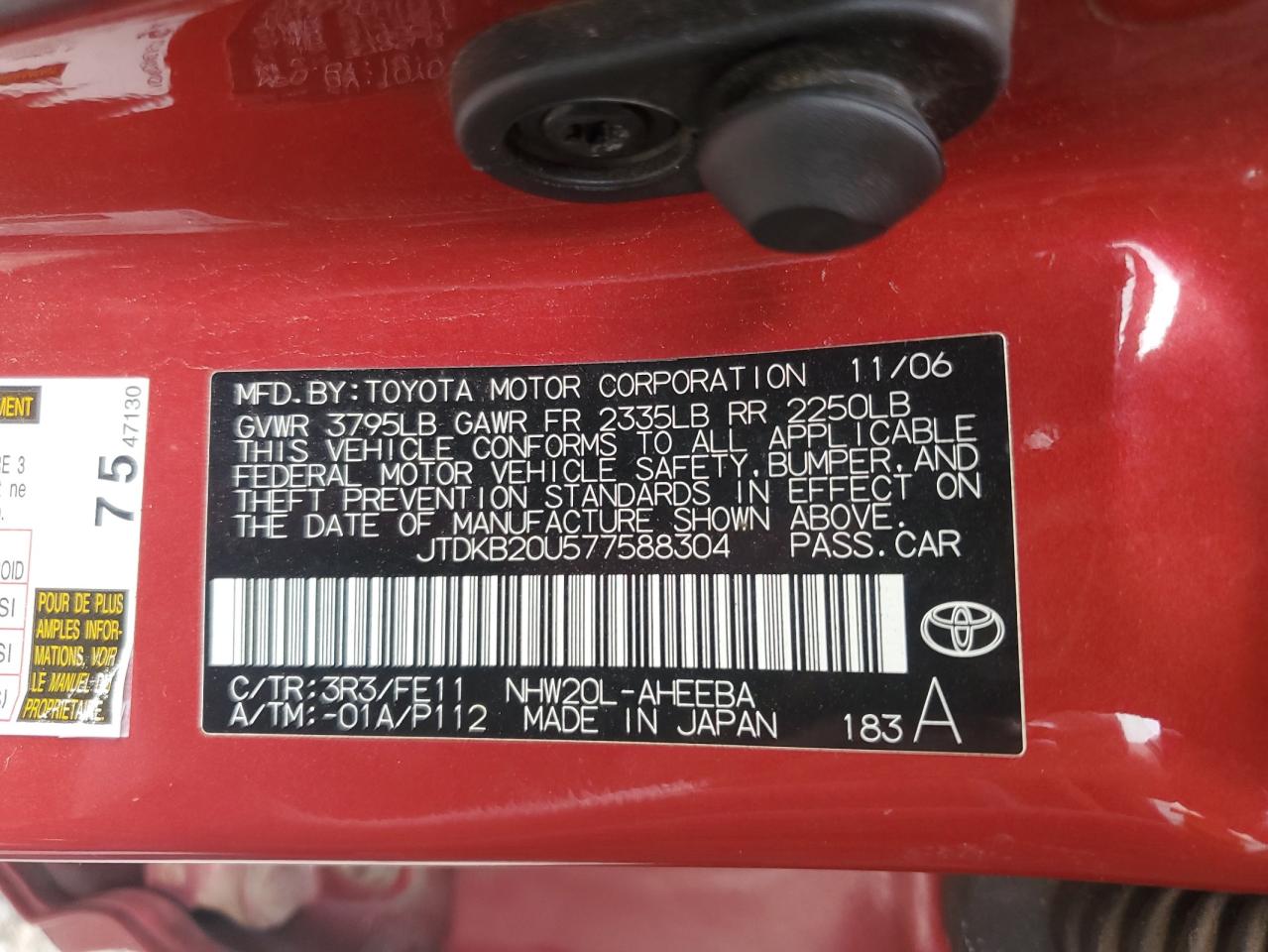 2007 Toyota Prius VIN: JTDKB20U577588304 Lot: 81119035