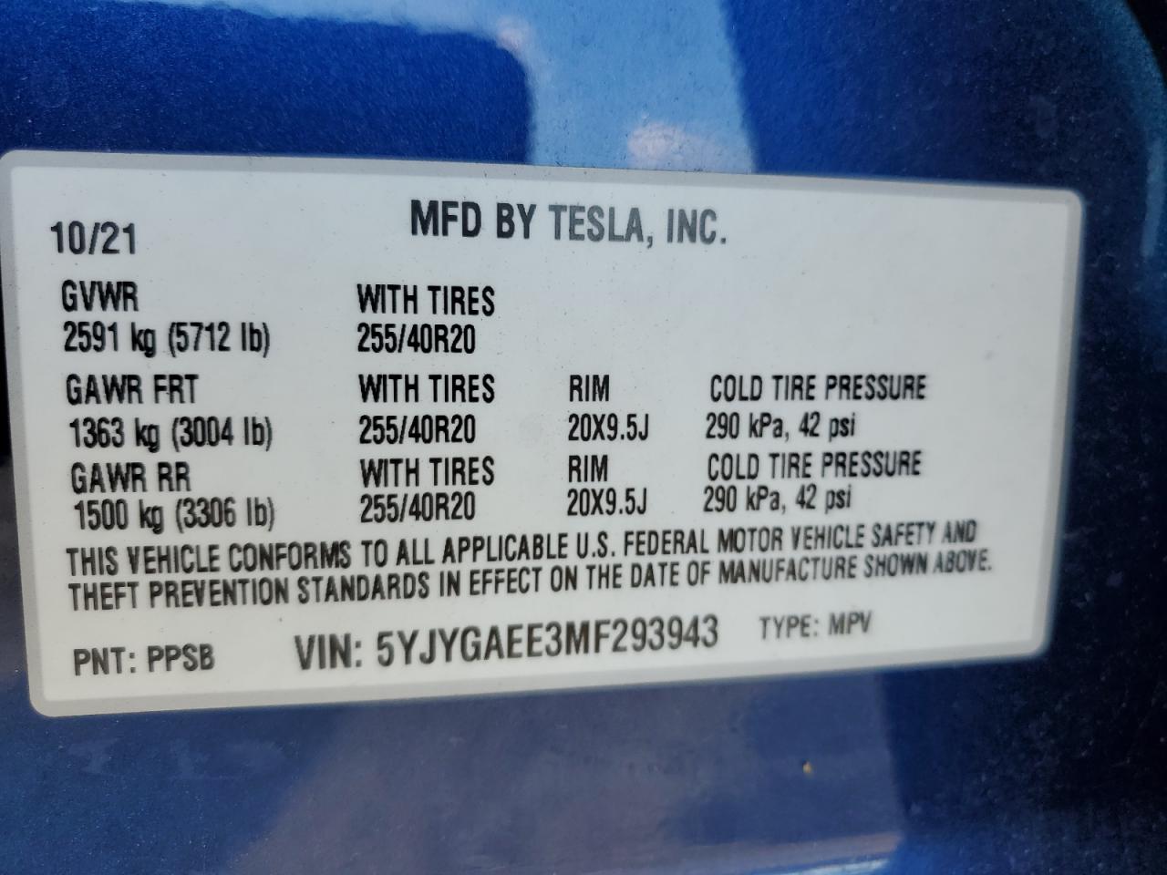 2021 Tesla Model Y VIN: 5YJYGAEE3MF293943 Lot: 71517585