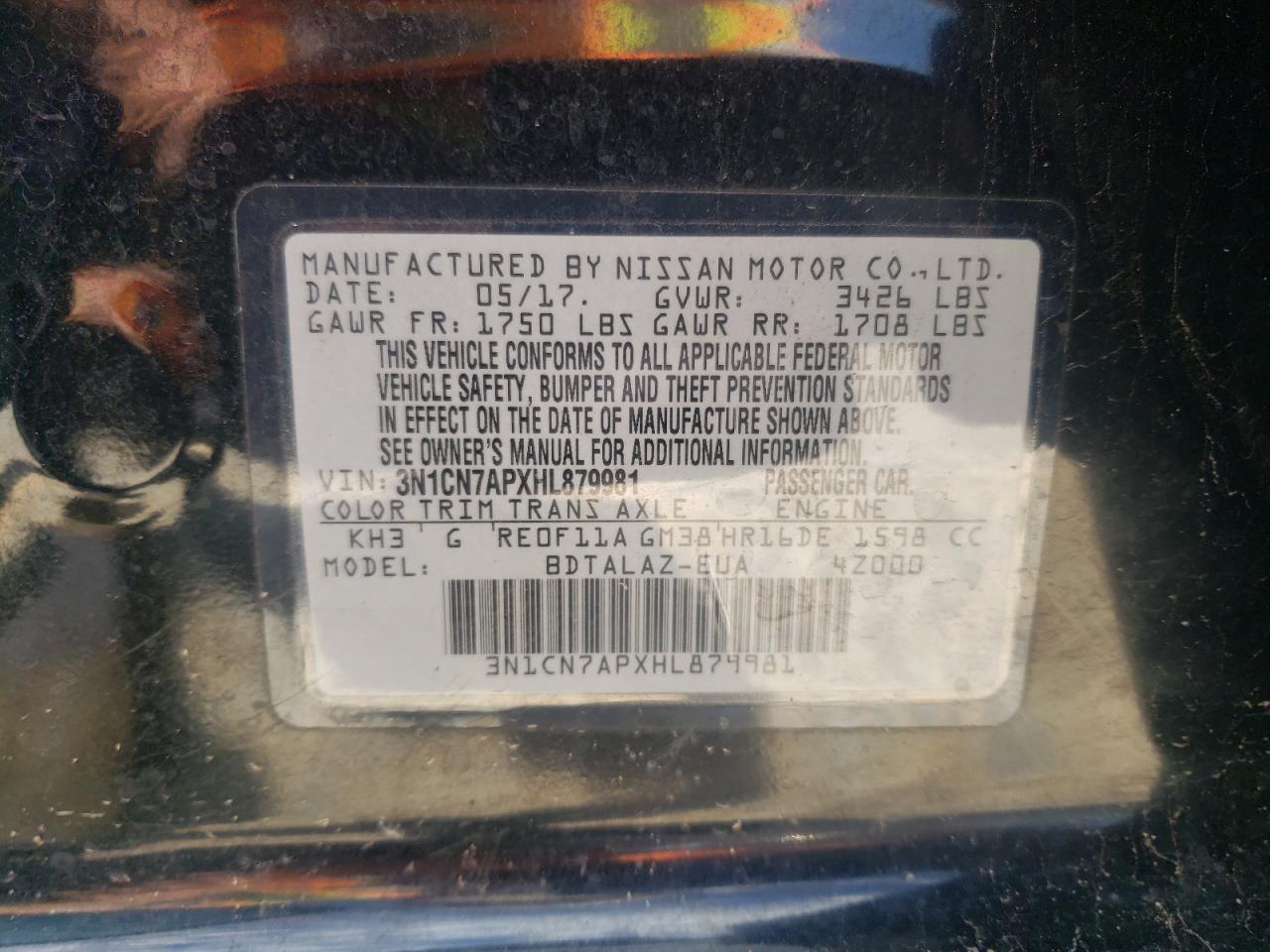 2017 Nissan Versa S VIN: 3N1CN7APXHL879981 Lot: 70627895