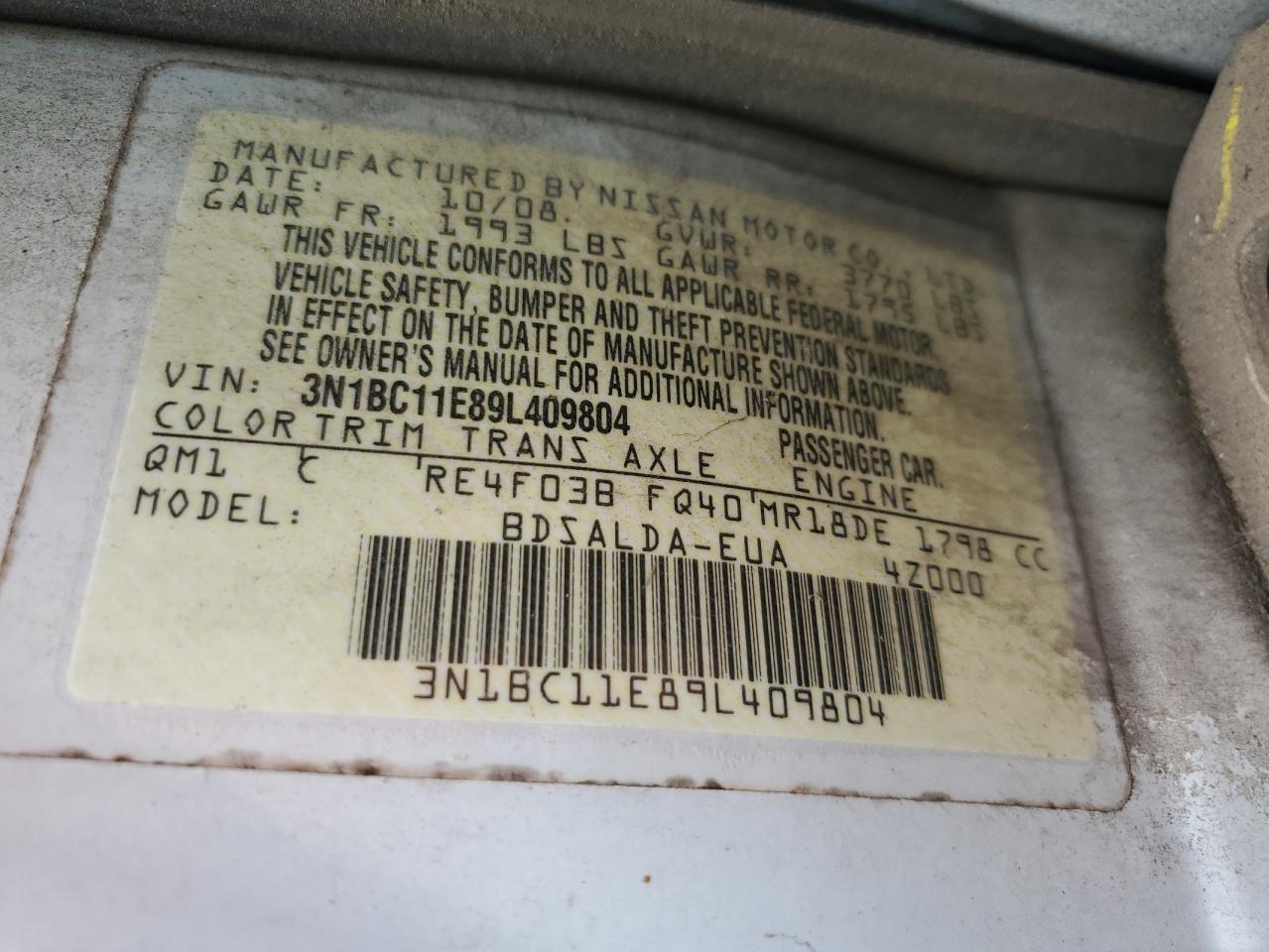 2009 Nissan Versa S VIN: 3N1BC11E89L409804 Lot: 83992855