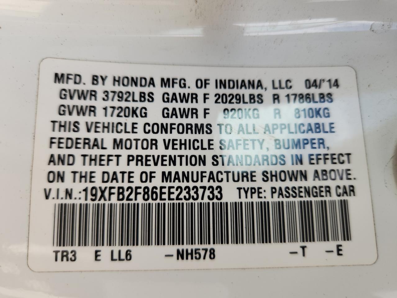 2014 Honda Civic Ex VIN: 19XFB2F86EE233733 Lot: 81907415
