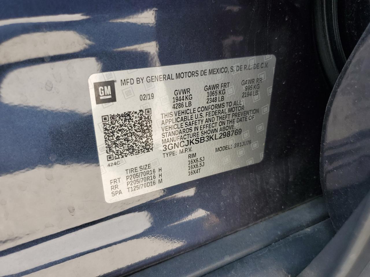 2019 Chevrolet Trax Ls VIN: 3GNCJKSB3KL298769 Lot: 80730245