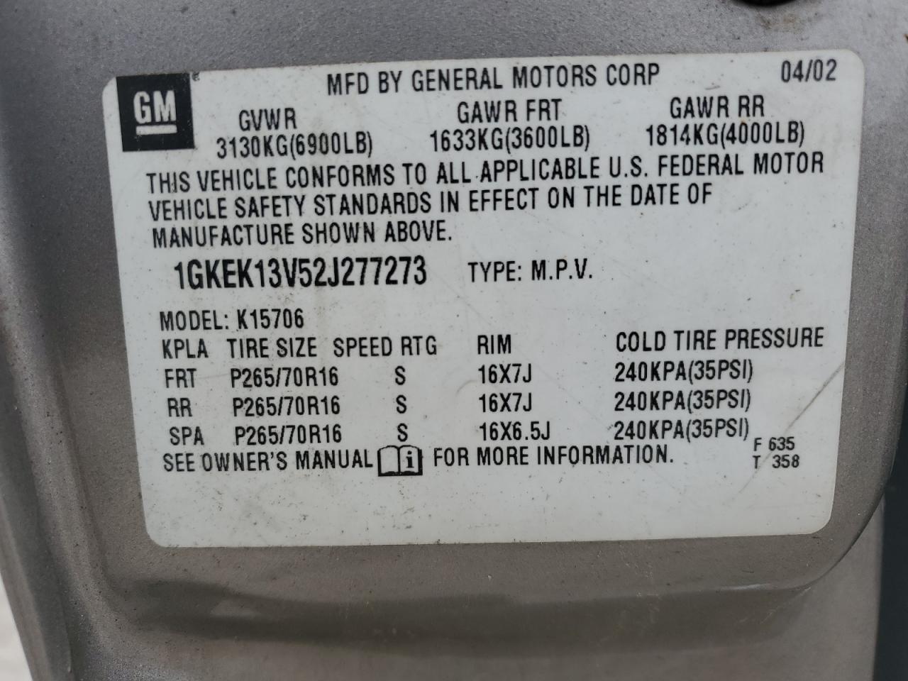 2002 GMC Yukon VIN: 1GKEK13V52J277273 Lot: 83763955